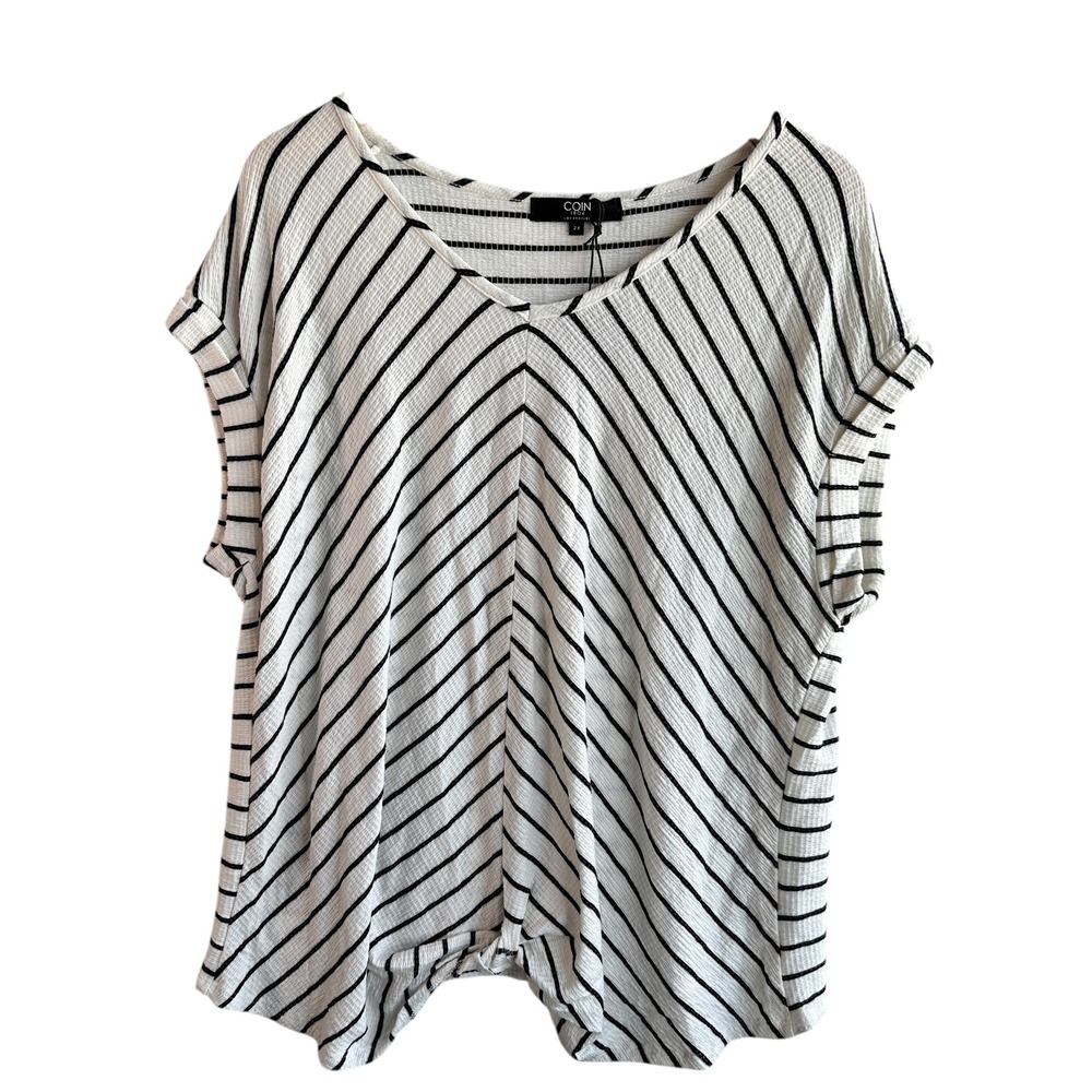 COIN 1804  Lace StripeTunic Top Short Sleeve‎ Casual Comfy White/Black 2X NWT